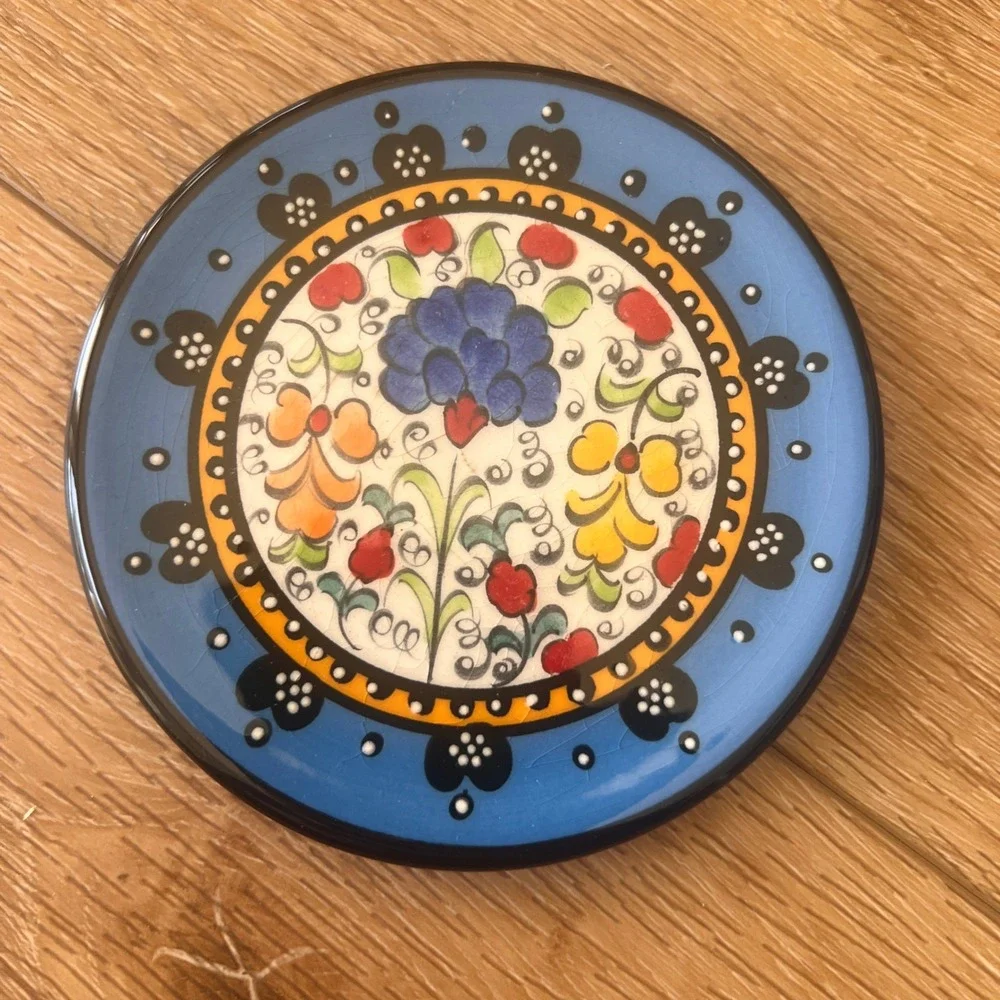 Artecer Hand Made Spanish Ceramic Plated Set of 2 Floral Cuerda Seca 4.25 Inch